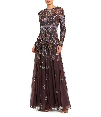 Mac Duggal Embellished Mesh Floral Applique High Neck Long Sleeves Beaded Waist A-Line Gown