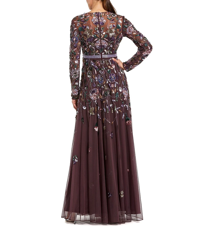 Mac Duggal Embellished Mesh Floral Applique High Neck Long Sleeves Beaded Waist A-Line Gown