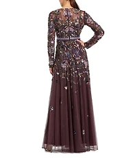 Mac Duggal Embellished Mesh Floral Applique High Neck Long Sleeves Beaded Waist A-Line Gown