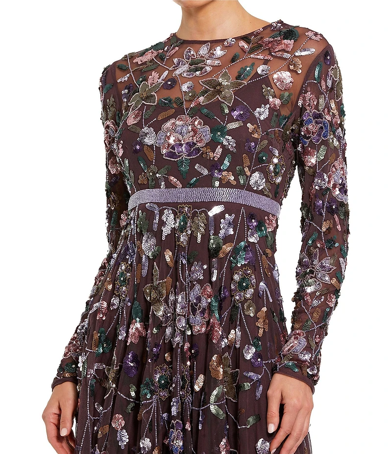 Mac Duggal Embellished Mesh Floral Applique High Neck Long Sleeves Beaded Waist A-Line Gown