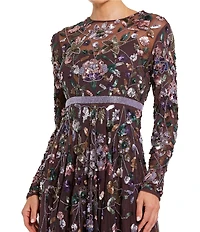 Mac Duggal Embellished Mesh Floral Applique High Neck Long Sleeves Beaded Waist A-Line Gown