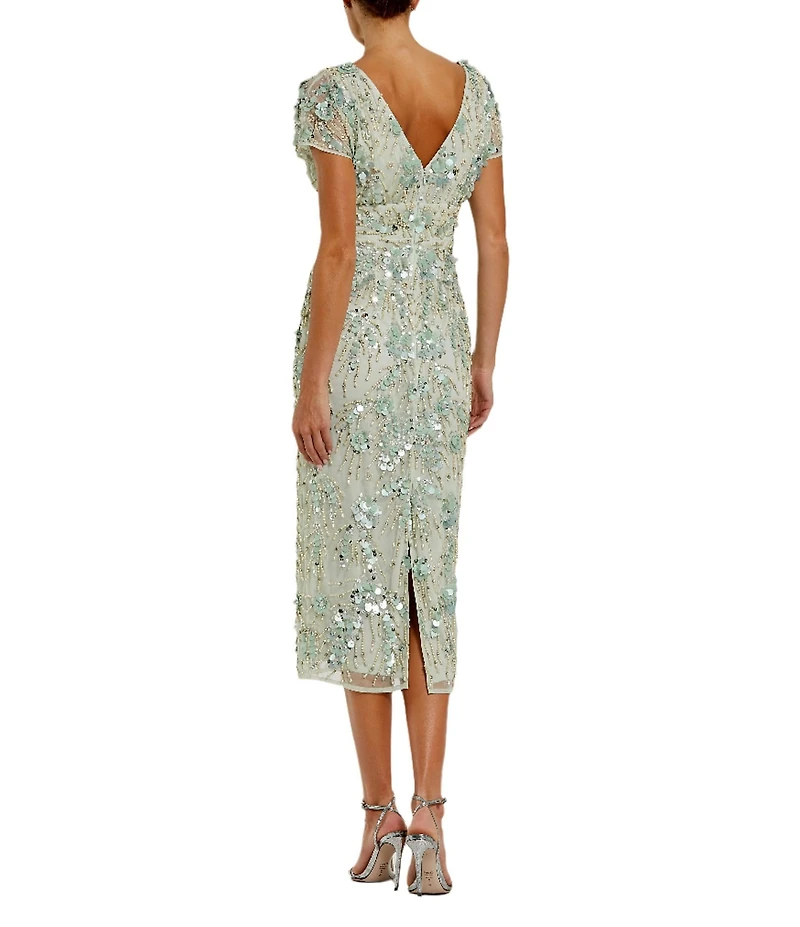 Mac Duggal Embellished Mesh Floral Crew Neck Short Sleeve Sheath Midi Dress