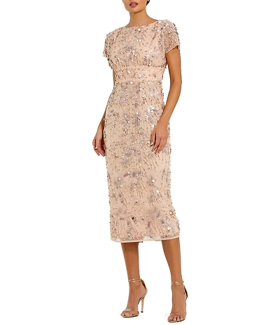 Mac Duggal Embellished Mesh Floral Crew Neck Short Sleeve Sheath Midi Dress