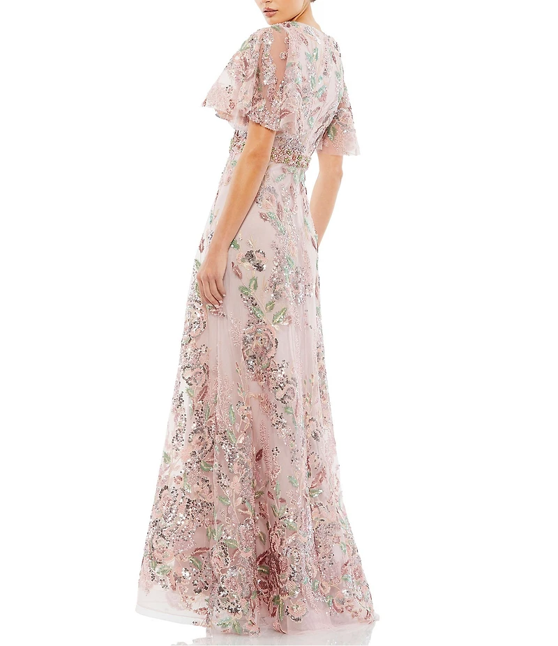 Mac Duggal Embellished Mesh Floral Print V Neck Short Sleeve A-Line Gown