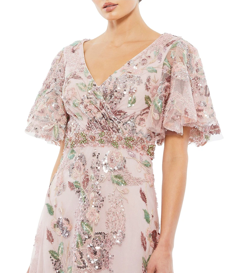Mac Duggal Embellished Mesh Floral Print V Neck Short Sleeve A-Line Gown