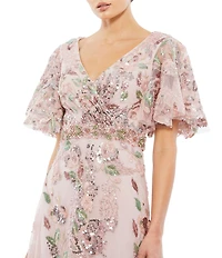 Mac Duggal Embellished Mesh Floral Print V Neck Short Sleeve A-Line Gown