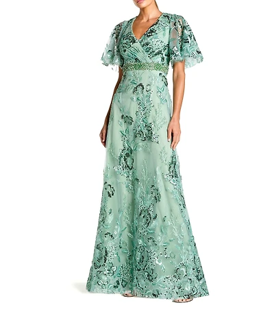 Mac Duggal Embellished Mesh Floral Print V Neck Short Sleeve A-Line Gown