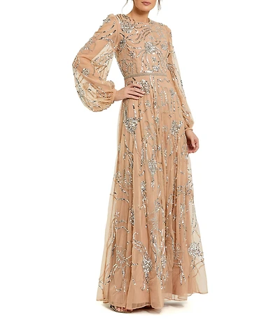 Mac Duggal Embellished Mesh High Neck Puff Sleeves Sequin A-Line Gown
