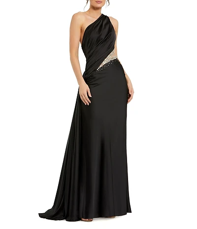 Mac Duggal Embellished Mesh Inset Satin Ruched One Shoulder Sleeveless Draped Gown