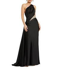 Mac Duggal Embellished Mesh Inset Satin Ruched One Shoulder Sleeveless Draped Gown
