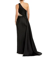 Mac Duggal Embellished Mesh Inset Satin Ruched One Shoulder Sleeveless Draped Gown