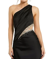 Mac Duggal Embellished Mesh Inset Satin Ruched One Shoulder Sleeveless Draped Gown