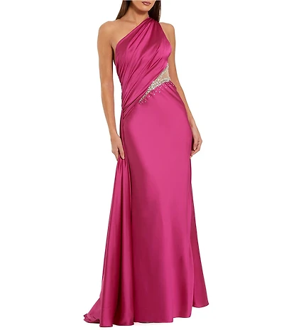 Mac Duggal Embellished Mesh Inset Satin Ruched One Shoulder Sleeveless Draped Gown
