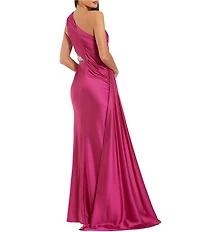 Mac Duggal Embellished Mesh Inset Satin Ruched One Shoulder Sleeveless Draped Gown