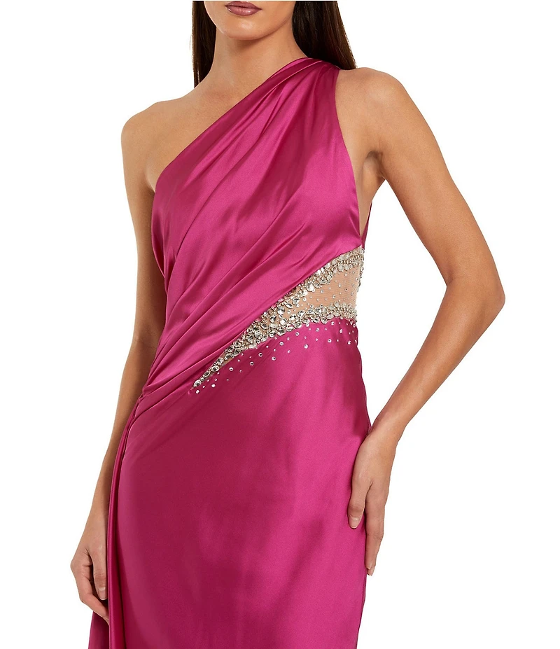 Mac Duggal Embellished Mesh Inset Satin Ruched One Shoulder Sleeveless Draped Gown