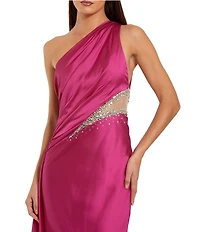 Mac Duggal Embellished Mesh Inset Satin Ruched One Shoulder Sleeveless Draped Gown