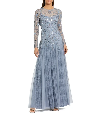 Mac Duggal Embellished Mesh Long Sleeve Gown