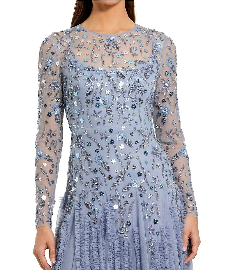 Mac Duggal Embellished Mesh Long Sleeve Gown