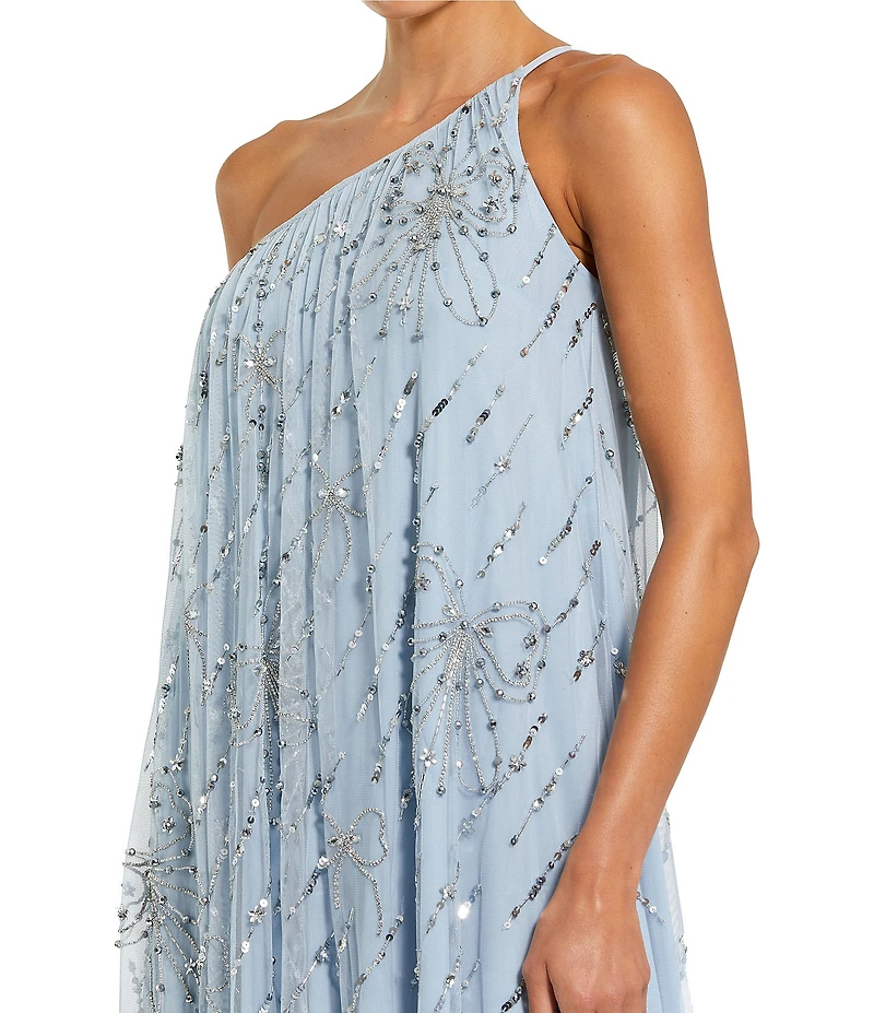 Mac Duggal Embellished Mesh One Shoulder Beaded Bow High-Low Caftan Gown