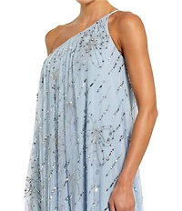 Mac Duggal Embellished Mesh One Shoulder Beaded Bow High-Low Caftan Gown