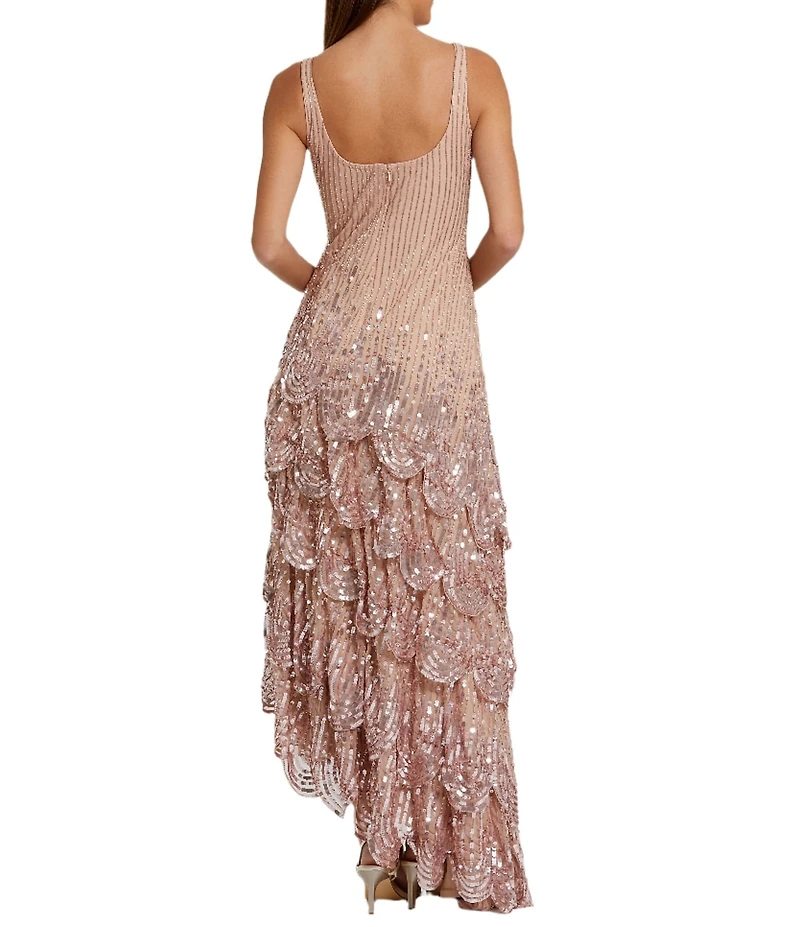 Mac Duggal Embellished Mesh Scoop Neck Sleeveless Ruffle Asymmetrical Hem Maxi Dress