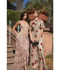 Mac Duggal Embellished Mesh Scoop Neck Sleeveless Ruffle Asymmetrical Hem Maxi Dress