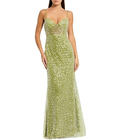 Mac Duggal Embellished Mesh Sleeveless Bustier Long Gown