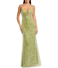 Mac Duggal Embellished Mesh Sleeveless Bustier Long Gown