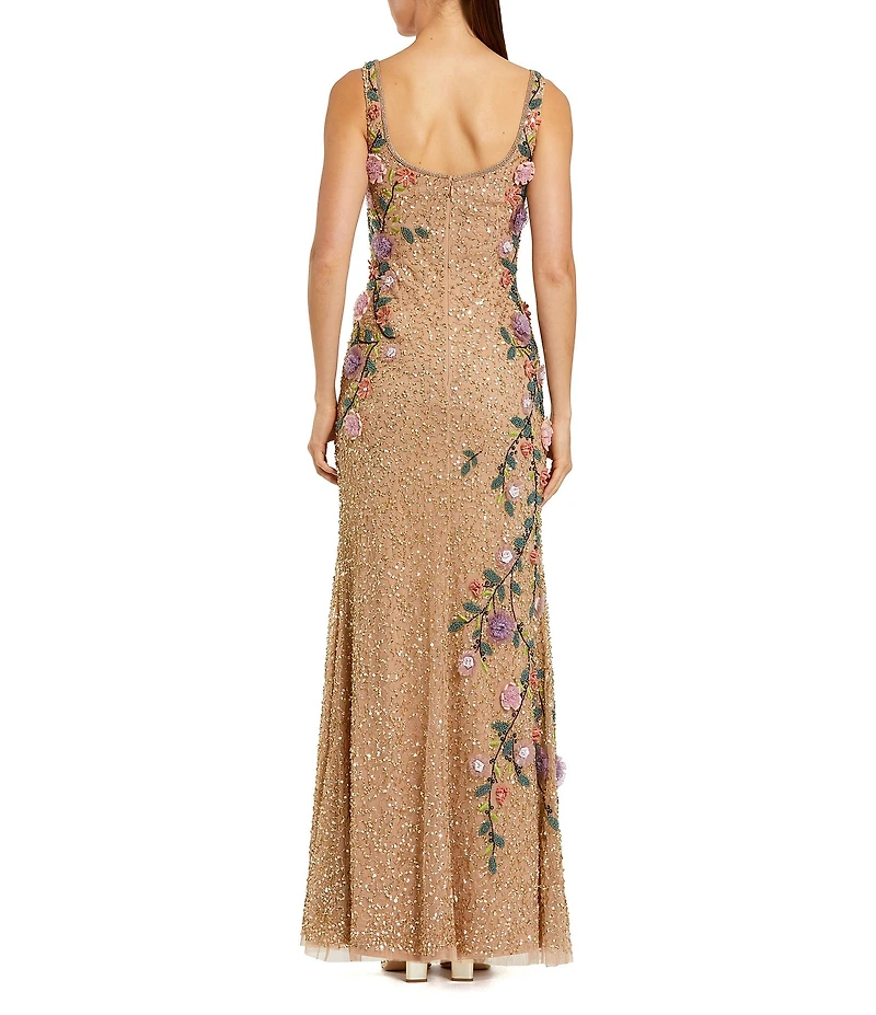 Mac Duggal Embellished Mesh Square Neck Sleeveless 3D Flower Gown