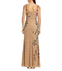 Mac Duggal Embellished Mesh Square Neck Sleeveless 3D Flower Gown