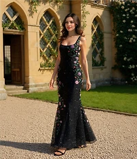 Mac Duggal Embellished Mesh Square Neck Sleeveless 3D Flower Gown