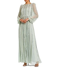 Mac Duggal Embellished Mesh Striped Beaded Boat Neck Long Sleeve Gown