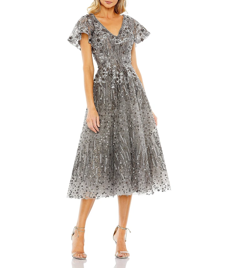 Mac Duggal Embellished Mesh V-Neck Flutter Sleeve A-Line Midi Dress