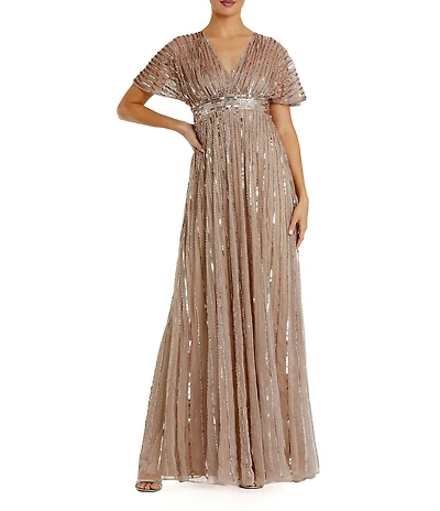 Mac Duggal Embellished Mesh V-Neck Short Sleeve Gown