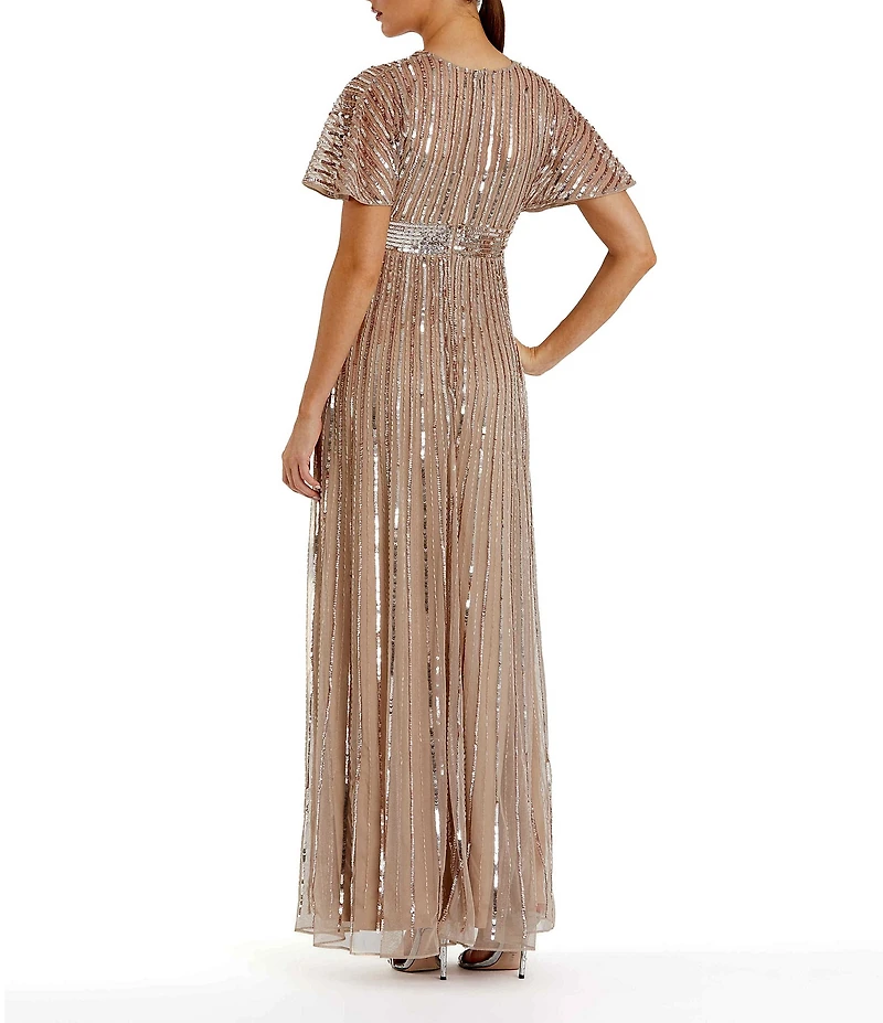 Mac Duggal Embellished Mesh V-Neck Short Sleeve Gown