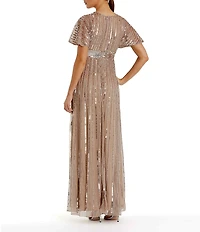 Mac Duggal Embellished Mesh V-Neck Short Sleeve Gown