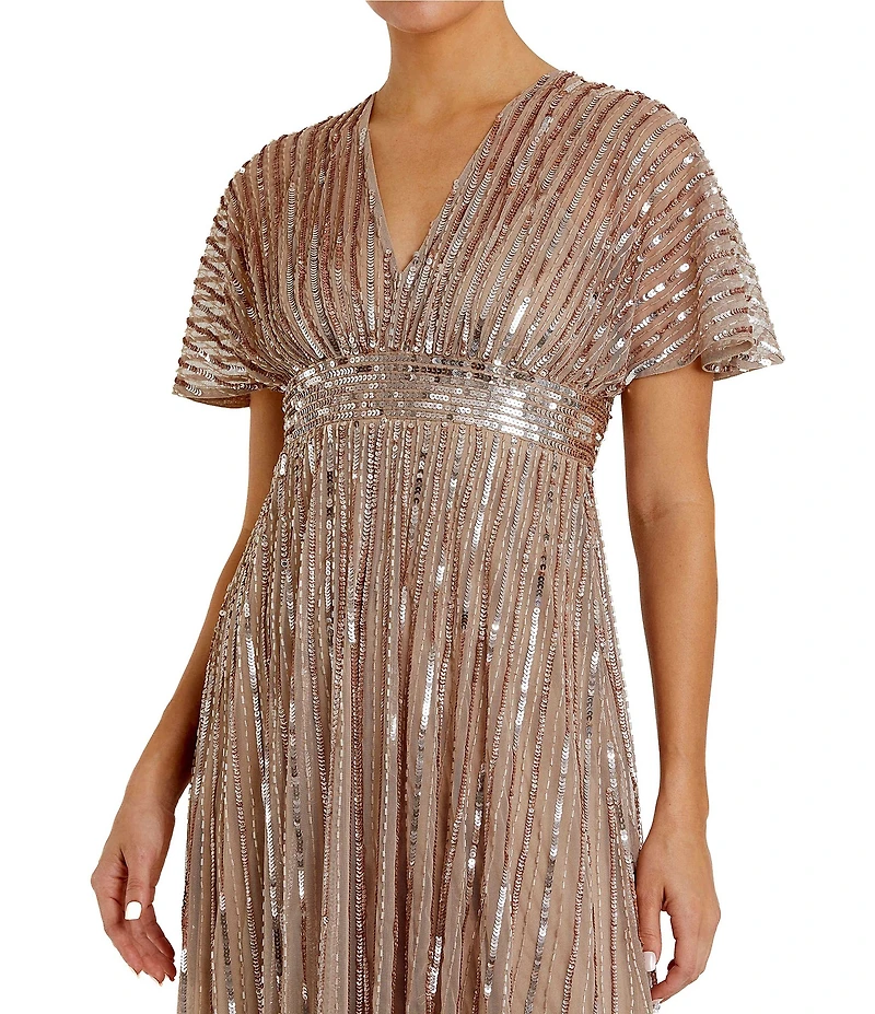 Mac Duggal Embellished Mesh V-Neck Short Sleeve Gown