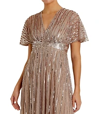 Mac Duggal Embellished Mesh V-Neck Short Sleeve Gown