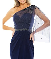 Mac Duggal Embellished One Shoulder Asymmetrical Draped Gown
