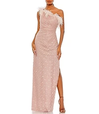Mac Duggal Embellished One Shoulder Ostrich Feathers Long Gown