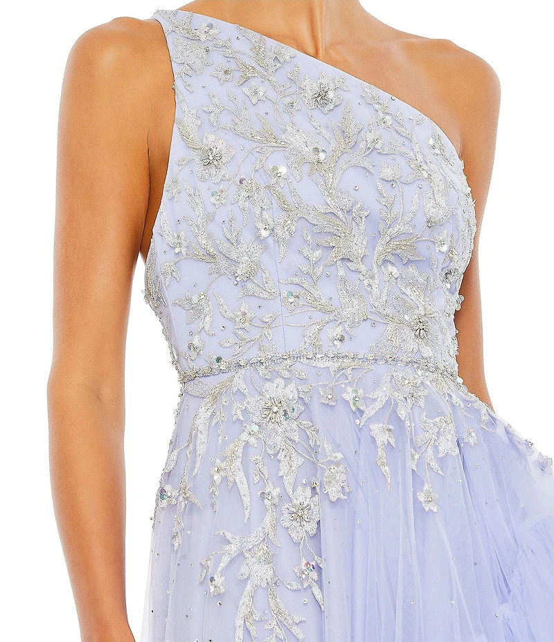 Mac Duggal Embellished One Shoulder Sleeveless Ruffle Hem Open Back Detail Asymmetrical Gown