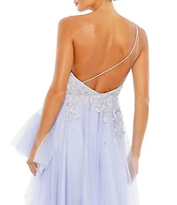 Mac Duggal Embellished One Shoulder Sleeveless Ruffle Hem Open Back Detail Asymmetrical Gown