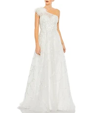 Mac Duggal Embellished Asymmetrical Neck Sleeveless Feather Shoulder A-Line Gown