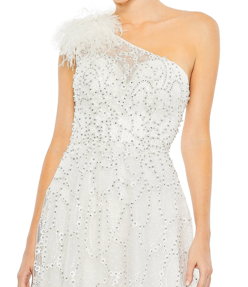 Mac Duggal Embellished Asymmetrical Neck Sleeveless Feather Shoulder A-Line Gown