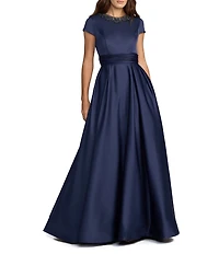 Mac Duggal Embellished Satin Cap Sleeve Gown With Pockets