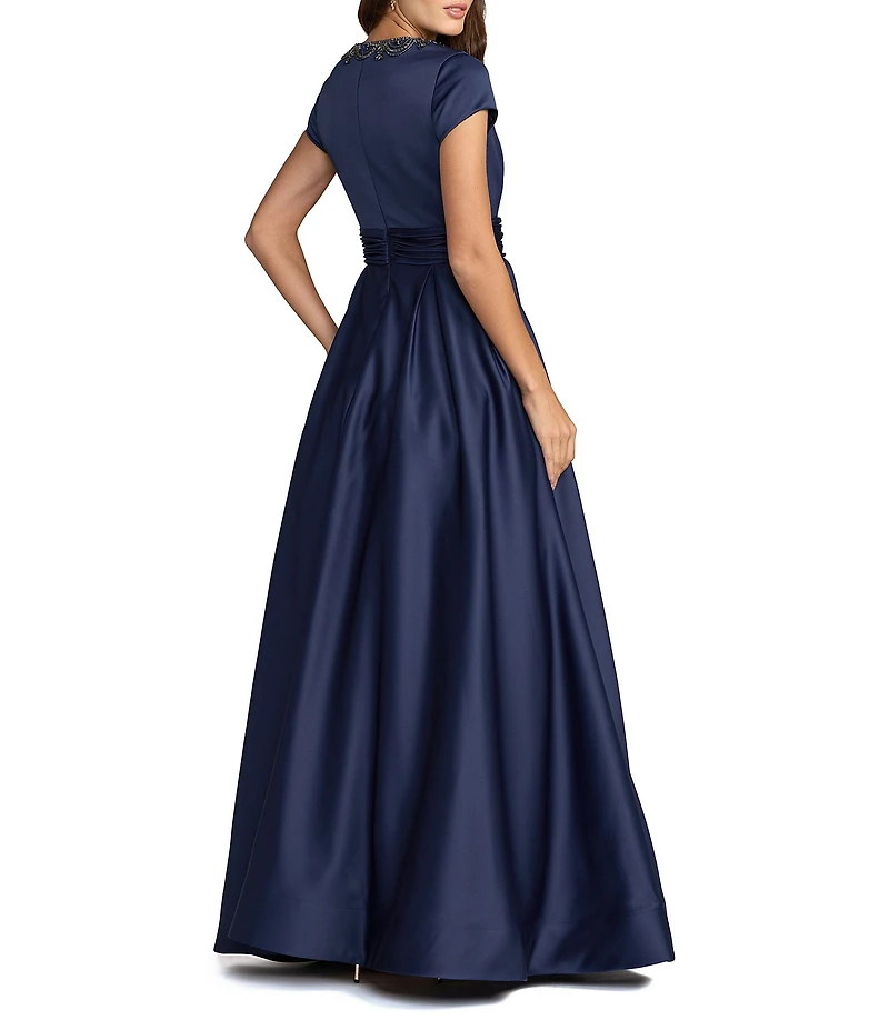 Mac Duggal Embellished Satin Cap Sleeve Gown With Pockets