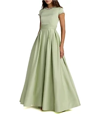 Mac Duggal Embellished Satin Cap Sleeve Long Gown With Pockets