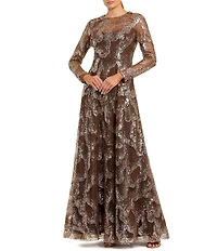 Mac Duggal Embellished Sequin Mesh Long Illusion Sleeve A-Line Dress