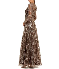 Mac Duggal Embellished Sequin Mesh Long Illusion Sleeve A-Line Dress