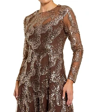 Mac Duggal Embellished Sequin Mesh Long Illusion Sleeve A-Line Dress